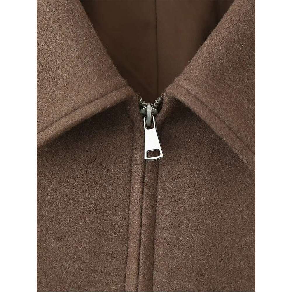 new women's clothing European American style simple and versatile retro brown zipper long-sleeved short jacket