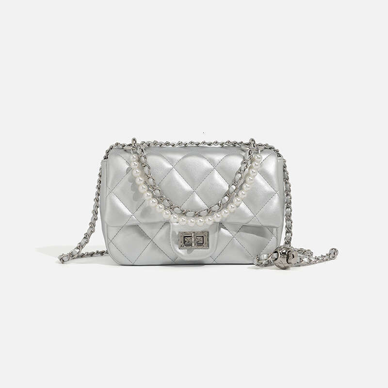 2024 summer new niche classic diamond grid embroidery thread small square bag, fashionable pearl chain single shoulder crossbody women's bag