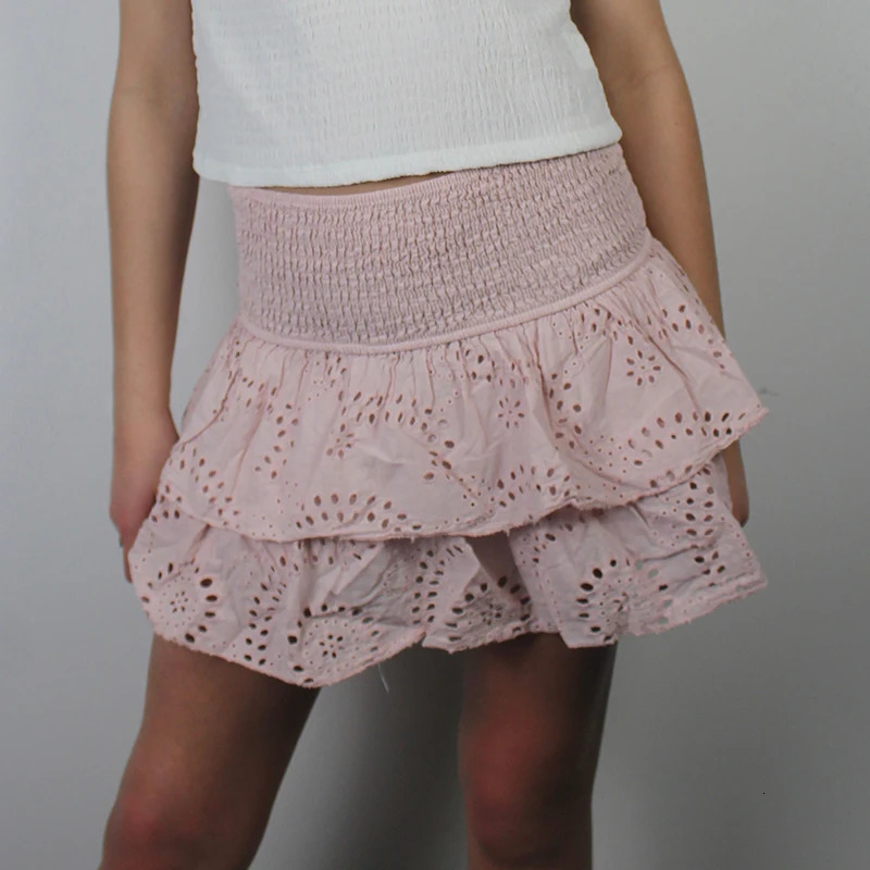 Women Y2K Ruffle Layered Hollow Mini Skirts Smocked A Line Pleated Short Skirts Teen s Boho Beach Kawaii Mini Skirts 250428