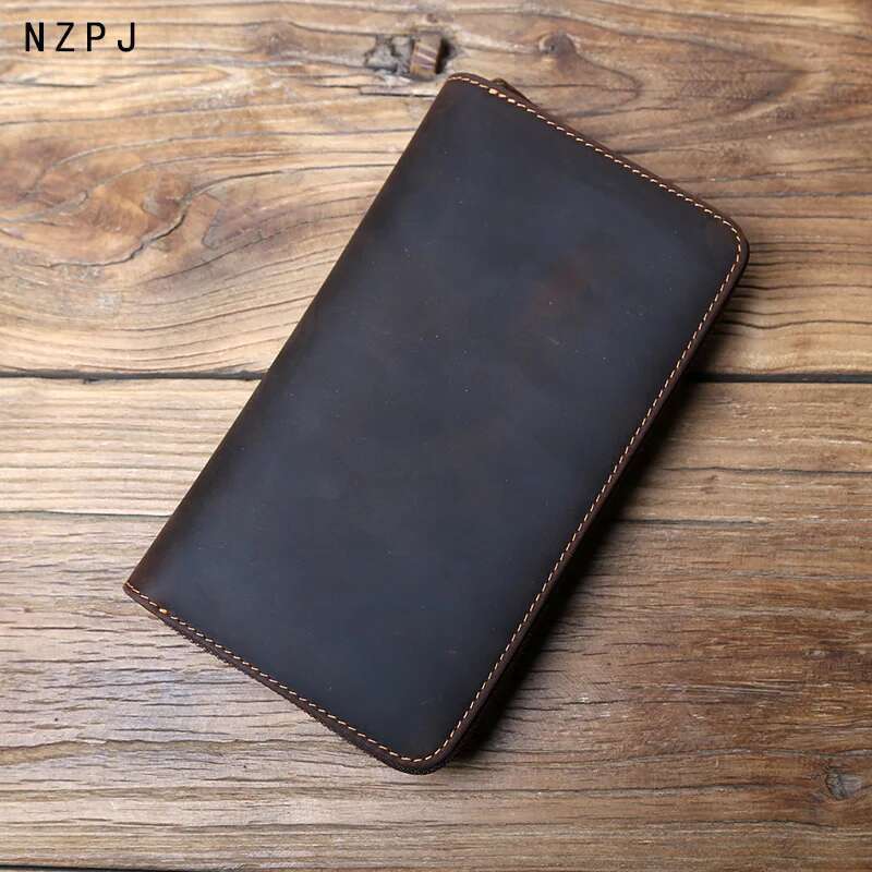 NZPJ Vintage Men Long Crazy Horse Leather Mobile Natural Cowhide Clutch Multi Functional Wallet Card Bag