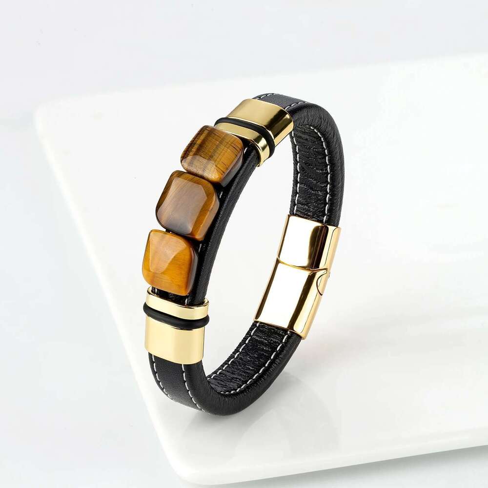 New Multi Color 3 Square Natural Old Tiger Eye Vintage Charm Wide Leather Rope Men's Stainless Steel Bracelet Jewelry