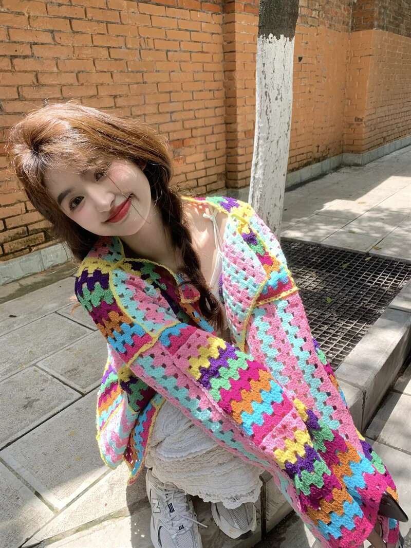 SALIENCY Colorful Crochet Knit Hollow Cardigan Sweater Jacket Women Spring Top Loose Short Knitwear fashion clothing women