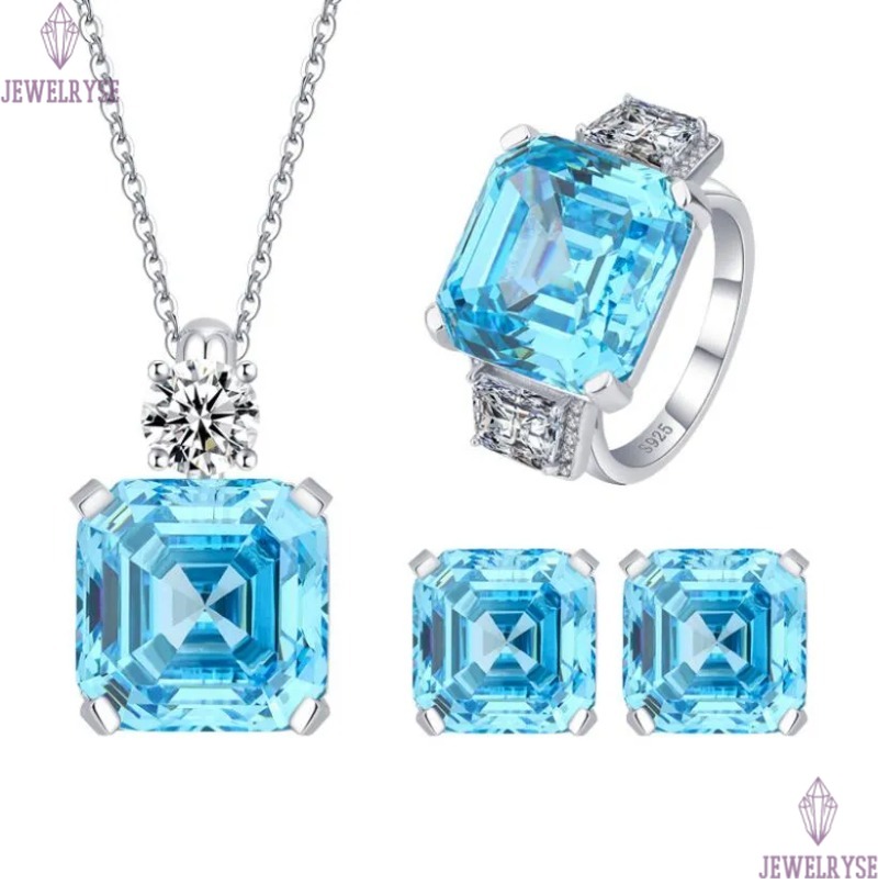 Choucong Top Sell Wedding Jewelry Sets Ladies Luxury Real 100% 925 Sterling Silver Asscher Cut Large Aquamarine Moissanite Diamond Stud Earring Women 