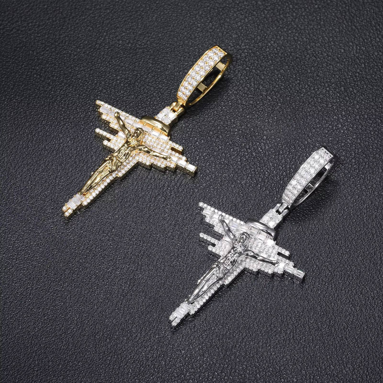 High Quality Other Jewelry 925 Sterling Silver Brilliant Cut VVS Moissanite Iced Crucifixion Jesus Cross Pendant Gold Rhodium
