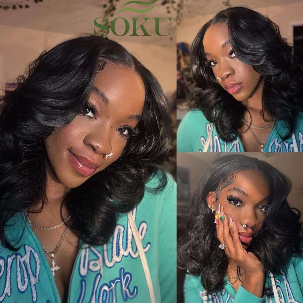 SOKU 13X6 Body Wave Layered, 18 Inch Short Wavy Glueless Pre Plucked, Natural Black Synthetic Lace Front Wigs for Women, Ready to Wear with Tiny Knots