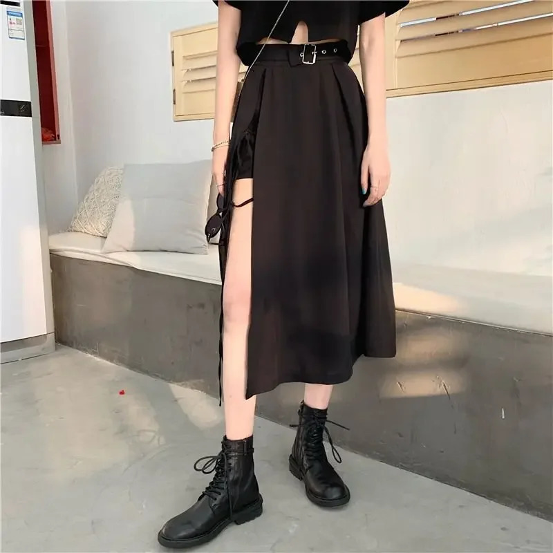 Vintage Dark Gothic High Split Mid-Calf Skirts Women Elegant Fashion Party Club High Waist Femme Bottom Streetwear Goth Skirt 250428