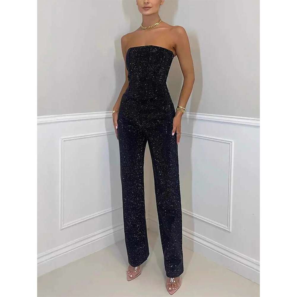 Sequin Denim Tube Crop Top Pants Set Women Sexy Solid Sleeveless Vest High Waist Zipper Jeans 2025 Fashion Street Ladies Outfits