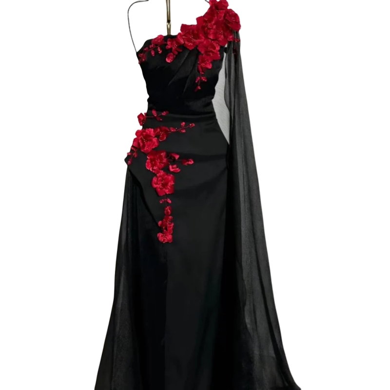 Elegant One Shoulder Black Prom Dresses With Red Flowers Appliques Arabic Dubai Chic Evening Gowns Long Special Occasion Dress