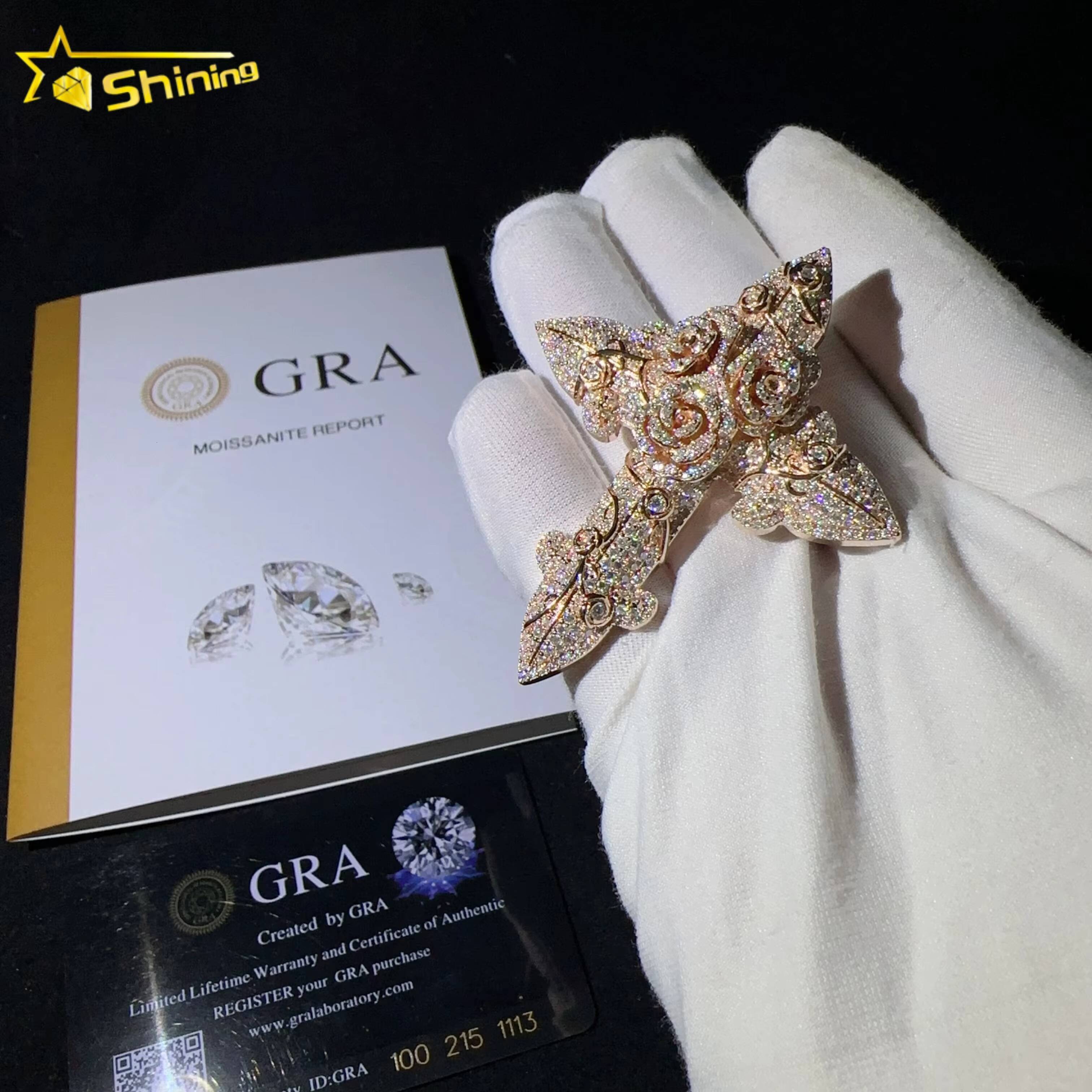 Sterling Silver 925 Custom Pendants Vvs Moissanite Lab Diamond Hip Hop Iced Out Flower Rose Gold Cross Pendant