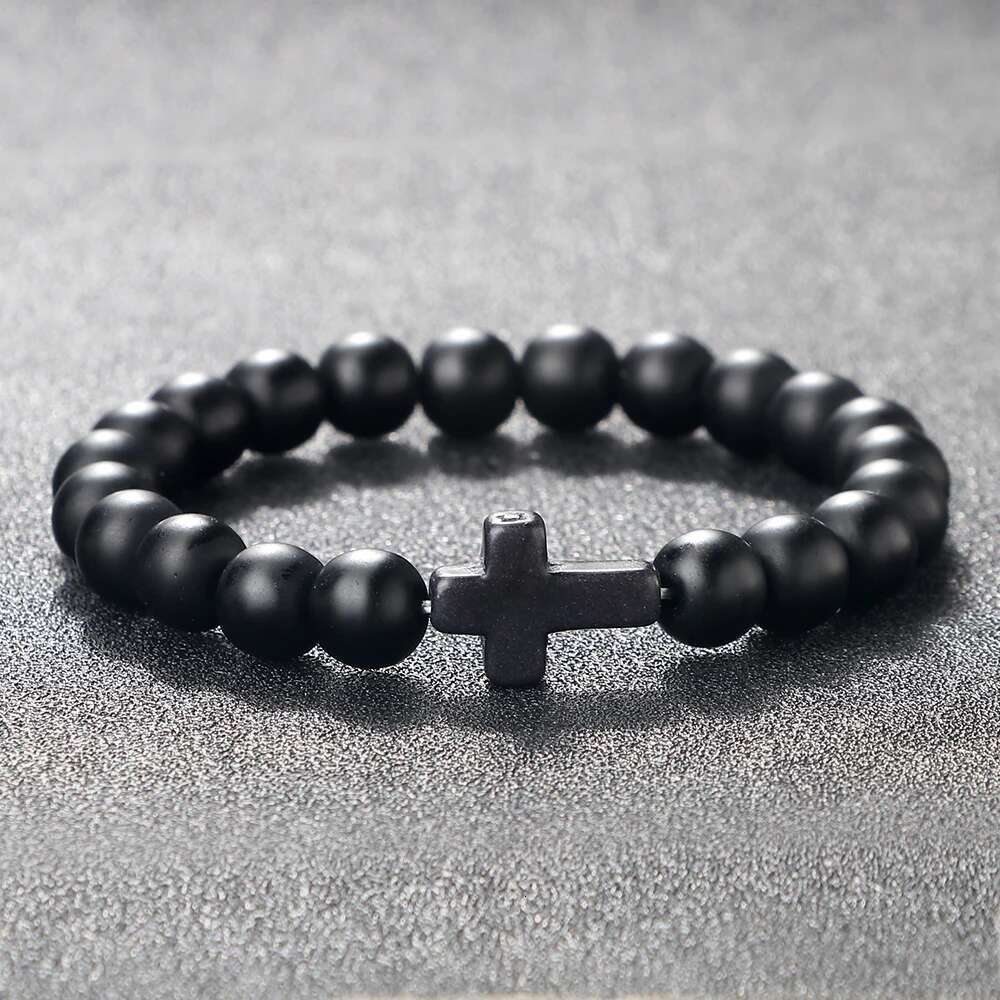 Hot Jesus Cross Bracelets For Women Men Multicolor Natural Turquoise Matte Black Lava Prayer Beads Bangles Handmade Jewelry Gift