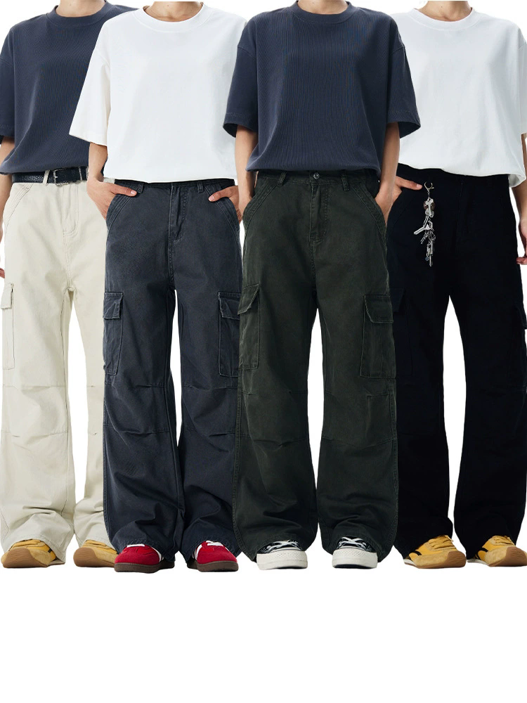 fashion pants vintage washed high street make old overalls mens wideleg loose straight casual trousers multiple pockets bottoms beige xxxl mens clothi