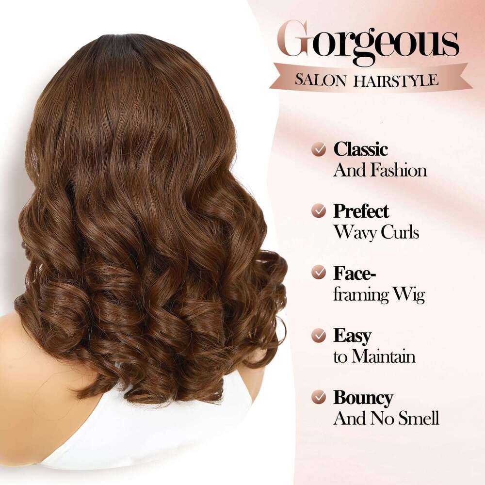 WIGER Big Curly Lace Front Loose Wave Short Wavy Bob for Black Women Ombre Brown Middle Part Shoulder Length Wig Synthetic Wigs