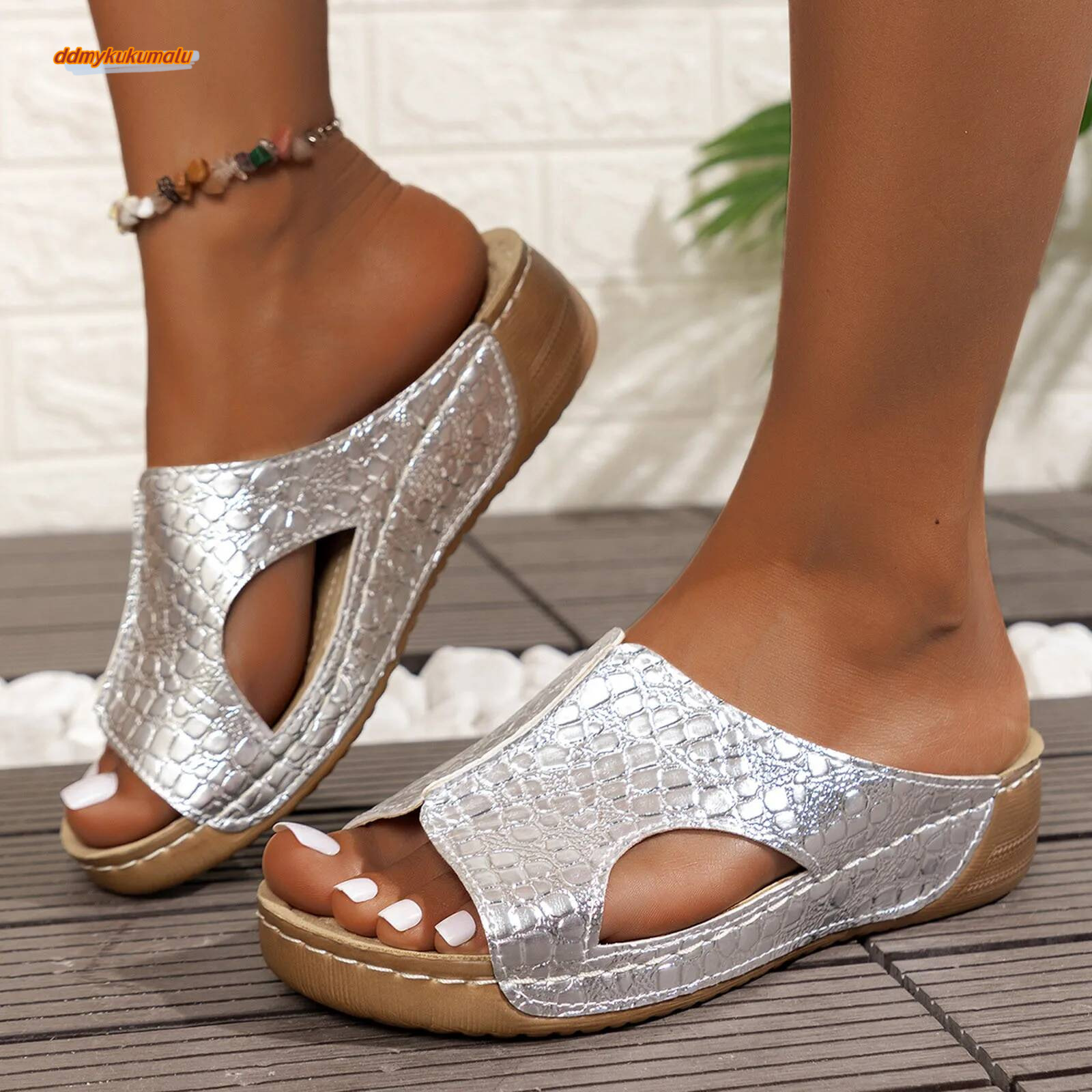 Comfy For Slip Ladies Summer Retro Pure Colour Shiny Leather Slope Heel Thick Bottom Women Sandals On Offer ddmykukumalu