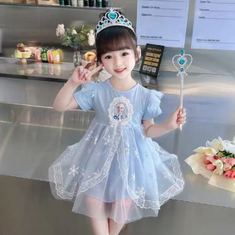 DISNEY Elsa Princess Dress kids designer clothes Girls Short Sleeve Icy Blue Dress Baby Fancy Party Dress Children's Tulle Dress