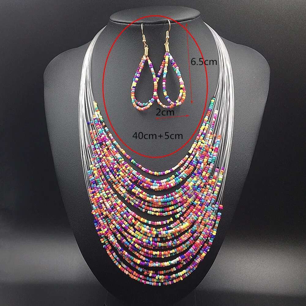 Bohemian Vacation Style Rice Beads Handmade For Women Multilayer Necklace & Earrings Set Jewelry Ladies Accessories