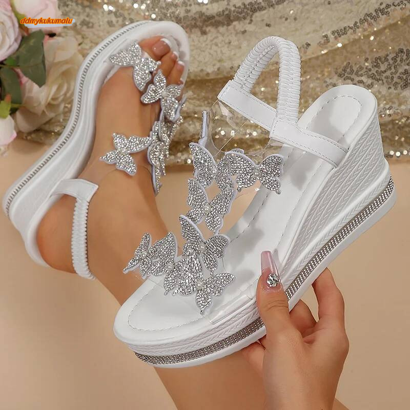 Shiny Crystal Wedge Heel for Women Fashion Clear PVC Platform Sandals Woman Thick Sole Rhinestone Butterfly Party Shoes ddmykukumalu