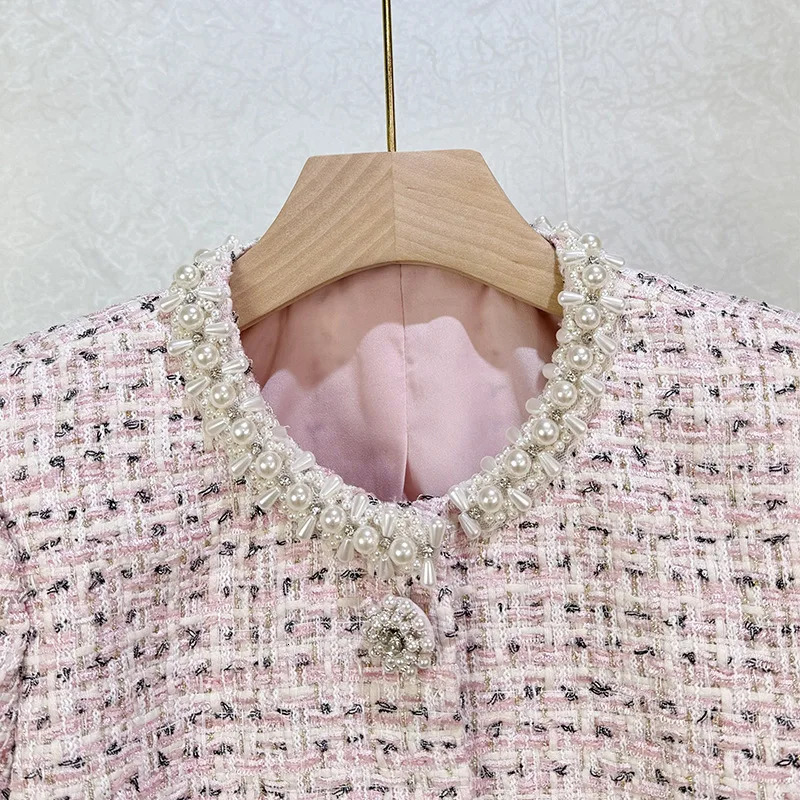 Summer Autumn Crystal Pearl Tweed Dress Set Women Summer Autumn Crop Top Jacket Midi Long Pencil Skirt Suit Office Outfit 251129