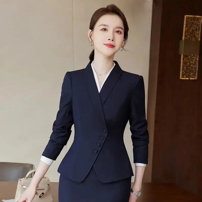 Almond Blue Womens Formal Pants Set Jacket and Trouser Work Clothes Autumn Winter 2piece 250530