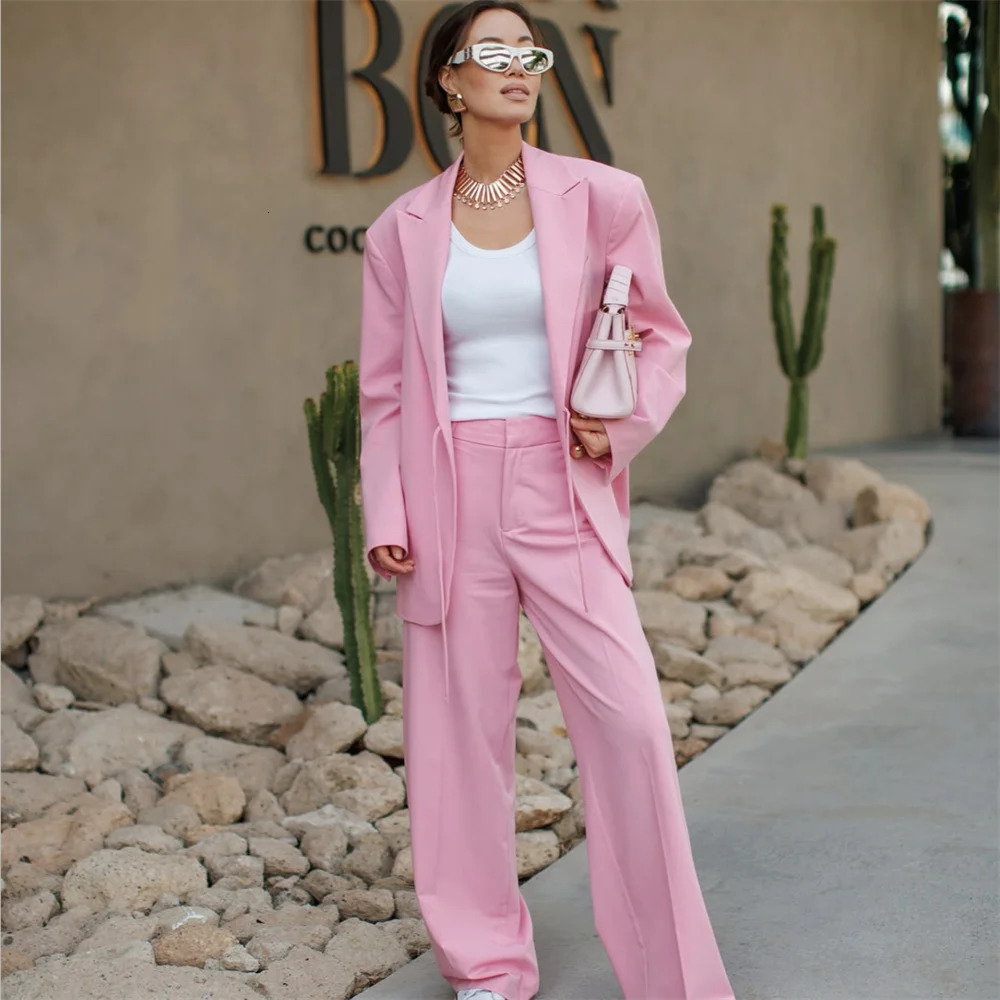 Womens Clothing European and American Style Casual Elegant n Shoulder Cushion Loose Set Jacket Pants 250530