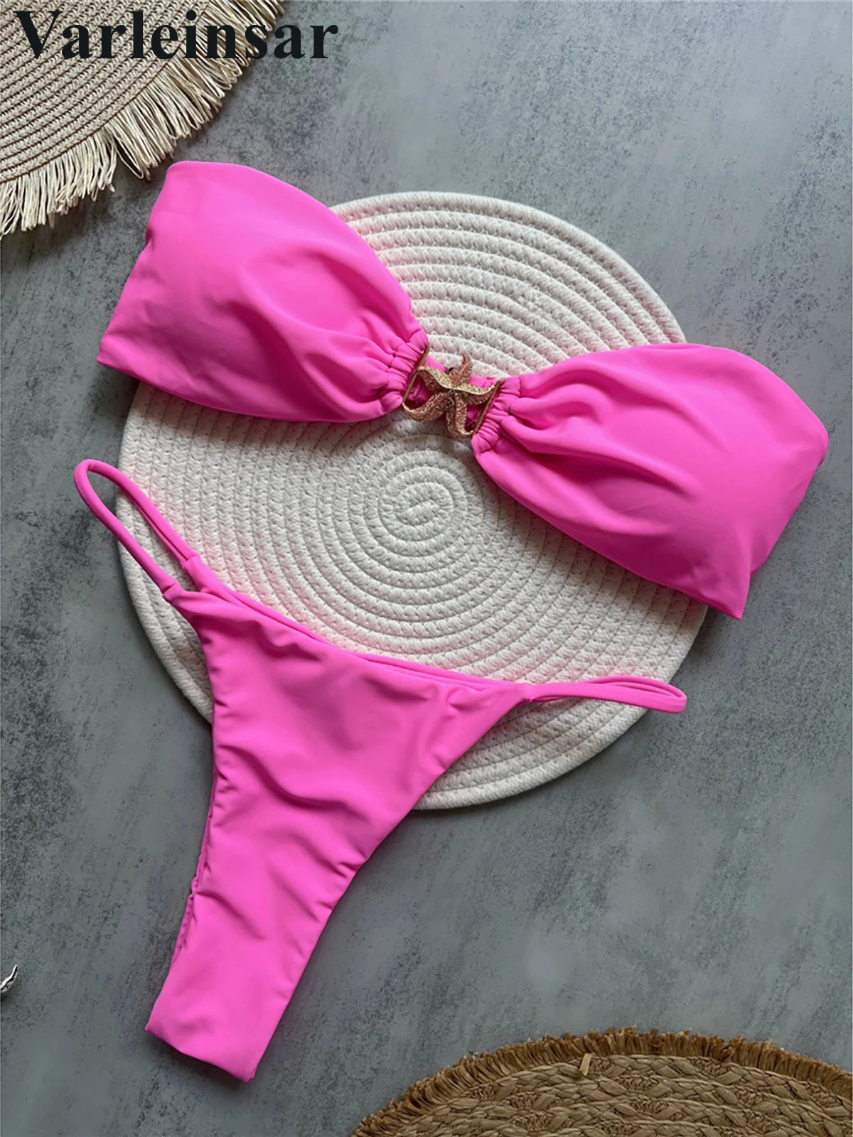 Sexy Metal Star Bandeau High Cut Leg Bikini Female Swimsuit Women Swimwear Two-pieces Bikini set Bather Bathing Suit Swim V6584 250428