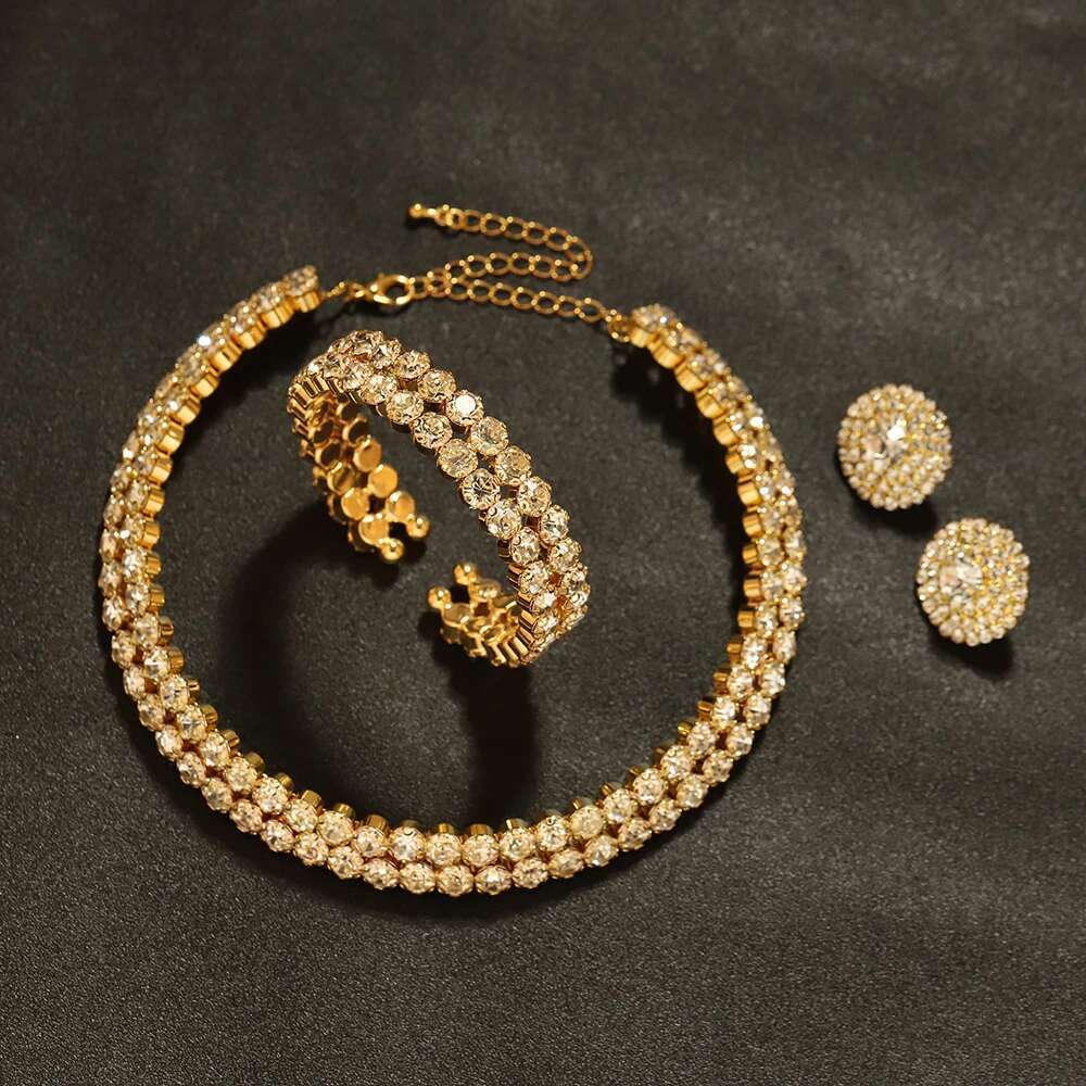 TREAZY Gold Color Crystal Rhinestone African Bridal Jewelry Sets Choker Necklace Earrings Bracelet Set Women Wedding Accessories