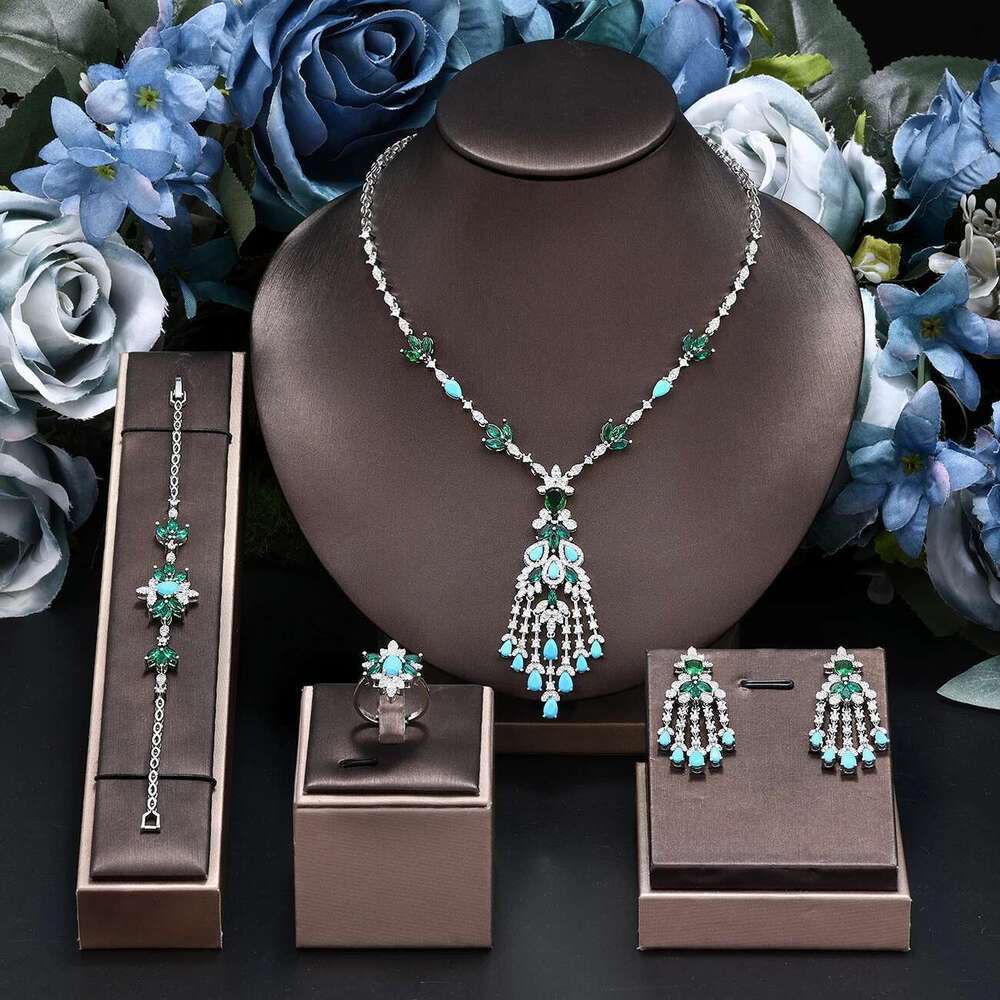 2025 New Exquisite Turquoise Dubai Jewelry Sets For Bridal Wedding Party 4 Pieces Set Accessories