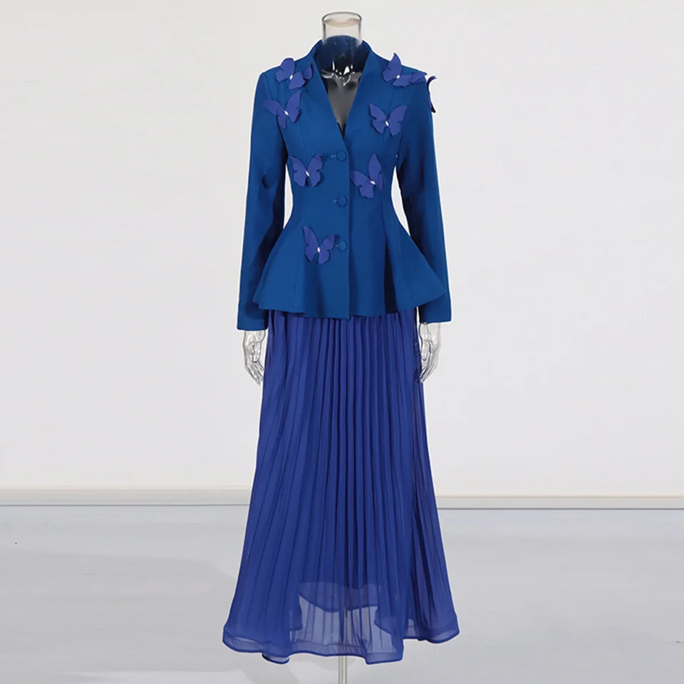 Solid and elegant twopiece womens Vneck long sleeved tuning jacket high waisted pleated formal set 250530