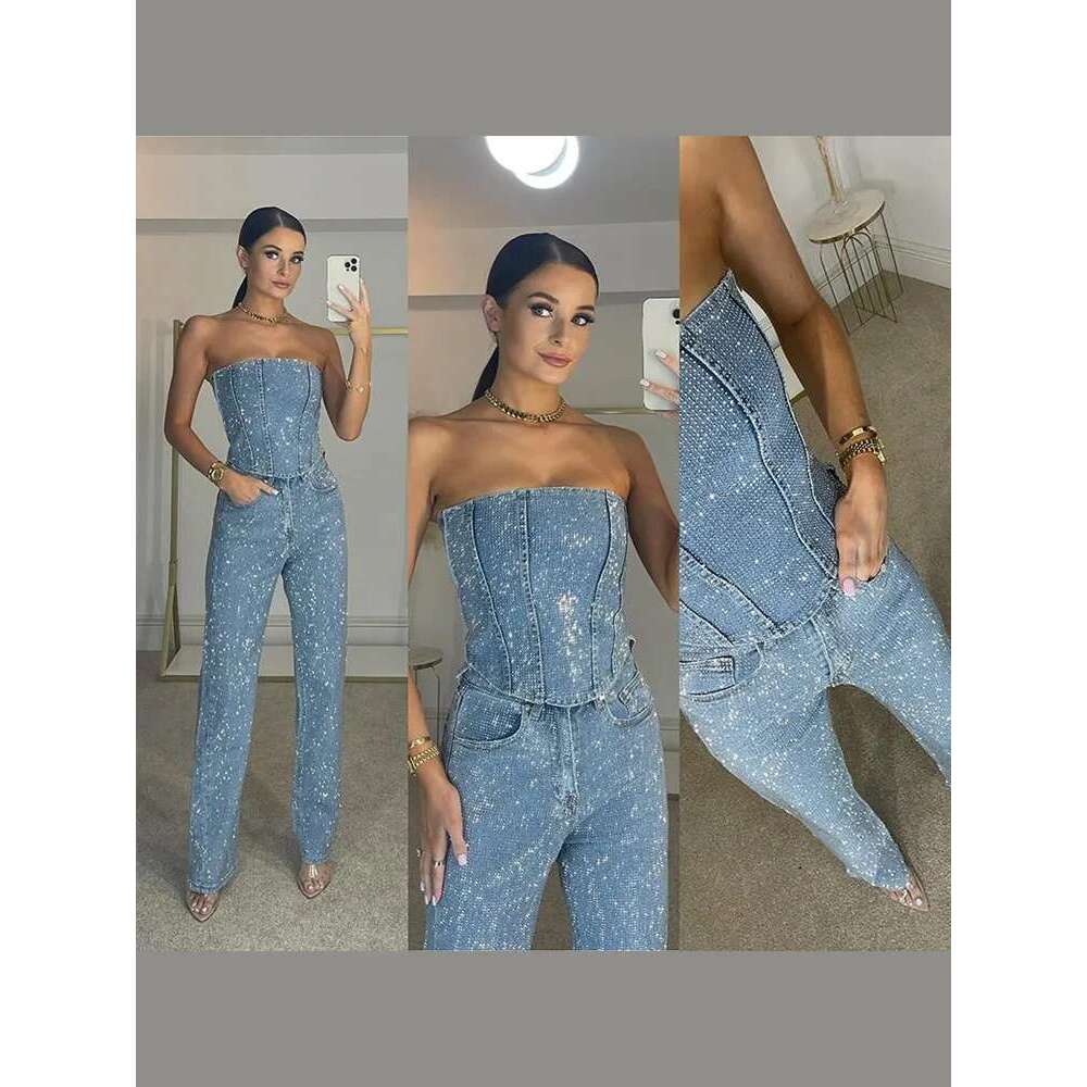 Sequin Denim Tube Crop Top Pants Set Women Sexy Solid Sleeveless Vest High Waist Zipper Jeans 2025 Fashion Street Ladies Outfits