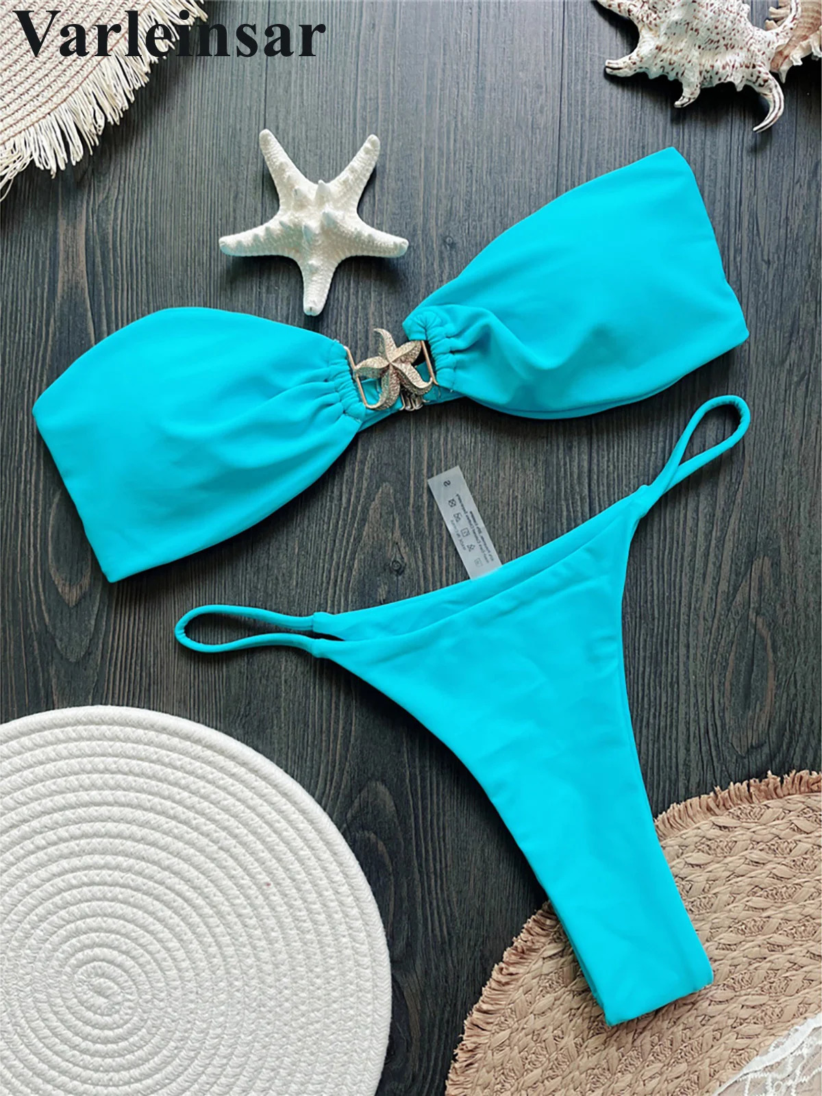 Sexy Metal Star Bandeau High Cut Leg Bikini Female Swimsuit Women Swimwear Two-pieces Bikini set Bather Bathing Suit Swim V6584 250428