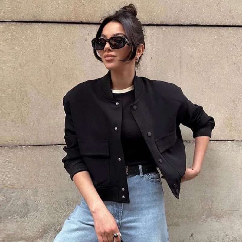 TRAF Women's Bomber Jacket Crop Black Off White Outerwears Spring 2025 New In Coats Aviator Varsity Button Long Sleeve Coat 066