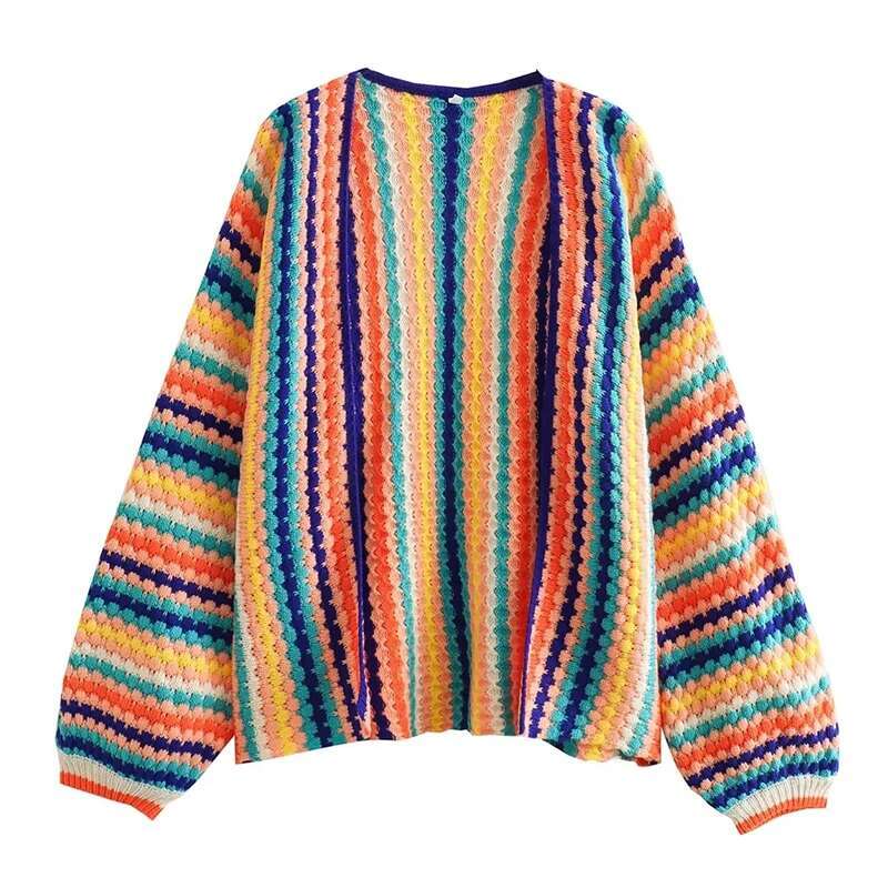 Autumn spring Cardigan Stripe Sweater Casual Multi-color Hand Hook Loose Knit Women's Clothing Knitwear Soft Warm Female Tops fashion clothing wo