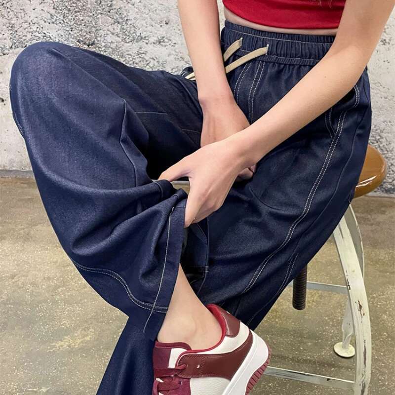 2025 New Spring Summer Ice Silk Women's Wide Leg Full Pants High Waist Lace-up Female Elegant Straight Loose Trousers