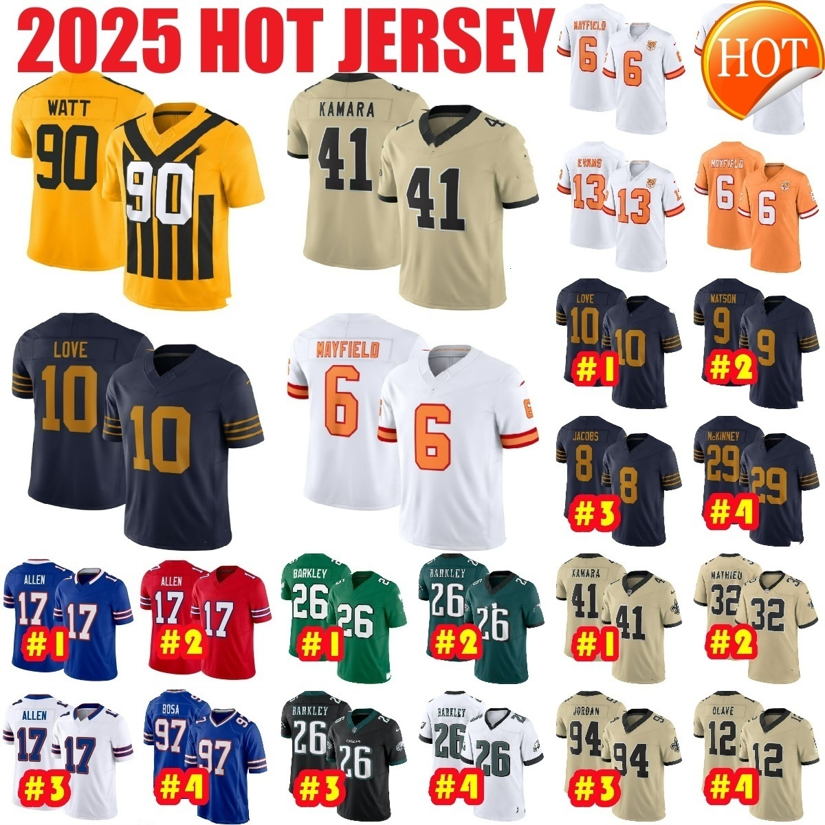 2025 NEW Ain Kamara Saquon Barkley Chris Olave Football Jersey Jalen Hurts Cameron Nice Cooper DeJean T.J. Watt Aaron Rodgers Josh Allen Mens Womens Jerseys