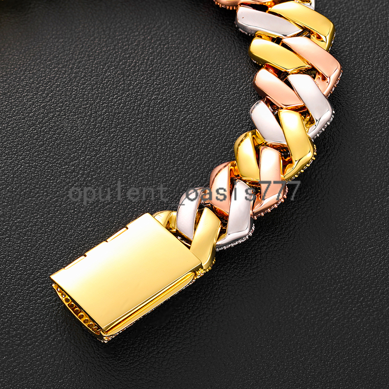 19mm Hiphop Bracelet 2 Tone 3 Rows moissanite Stone Box Buckle 14kt 18k Gold Plated Miami Cuban Link Bracelet for Men