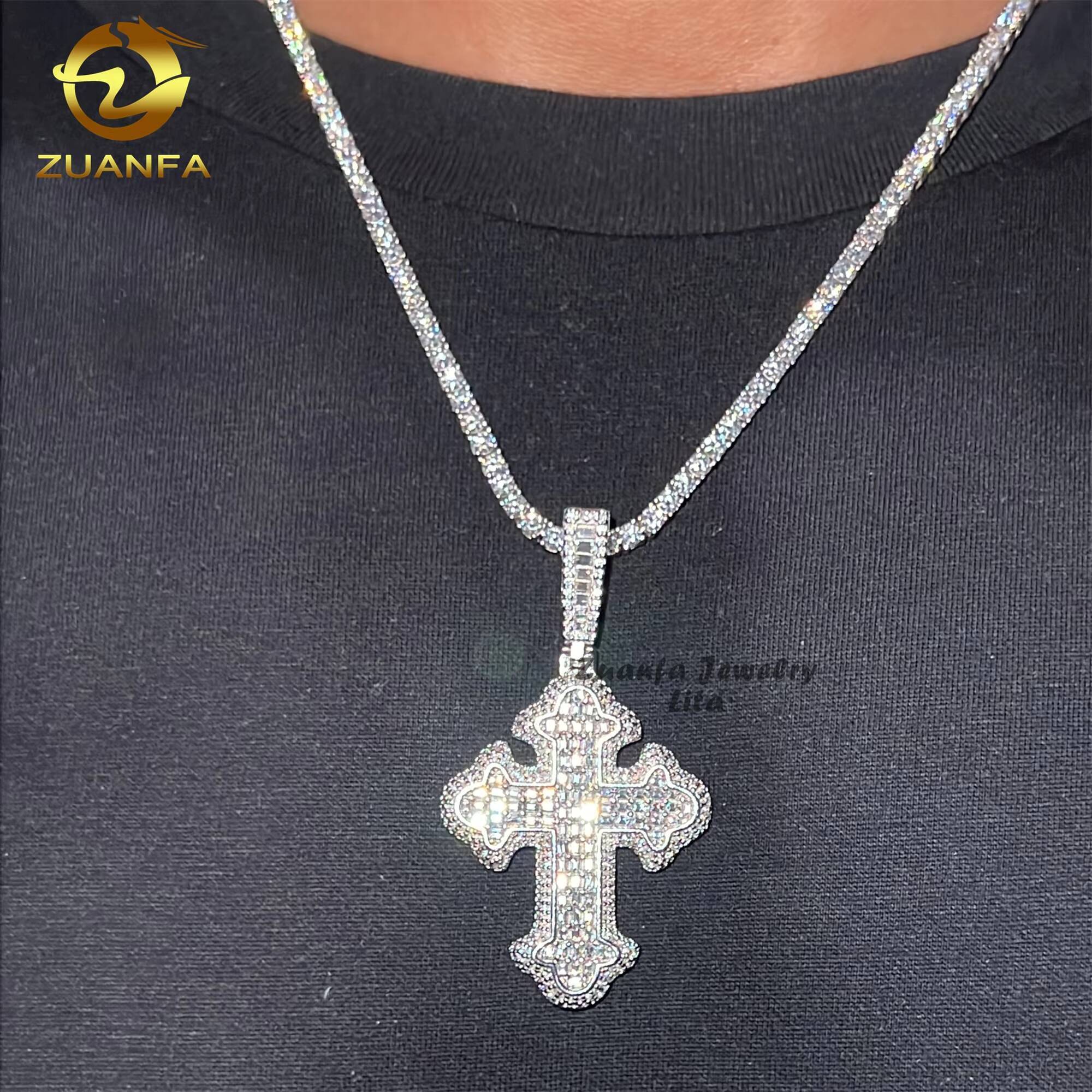 High Quality Bling Charm 925 Sterling Silver Baguette VVS Moissanite Diamond Cross Pendant for Necklace