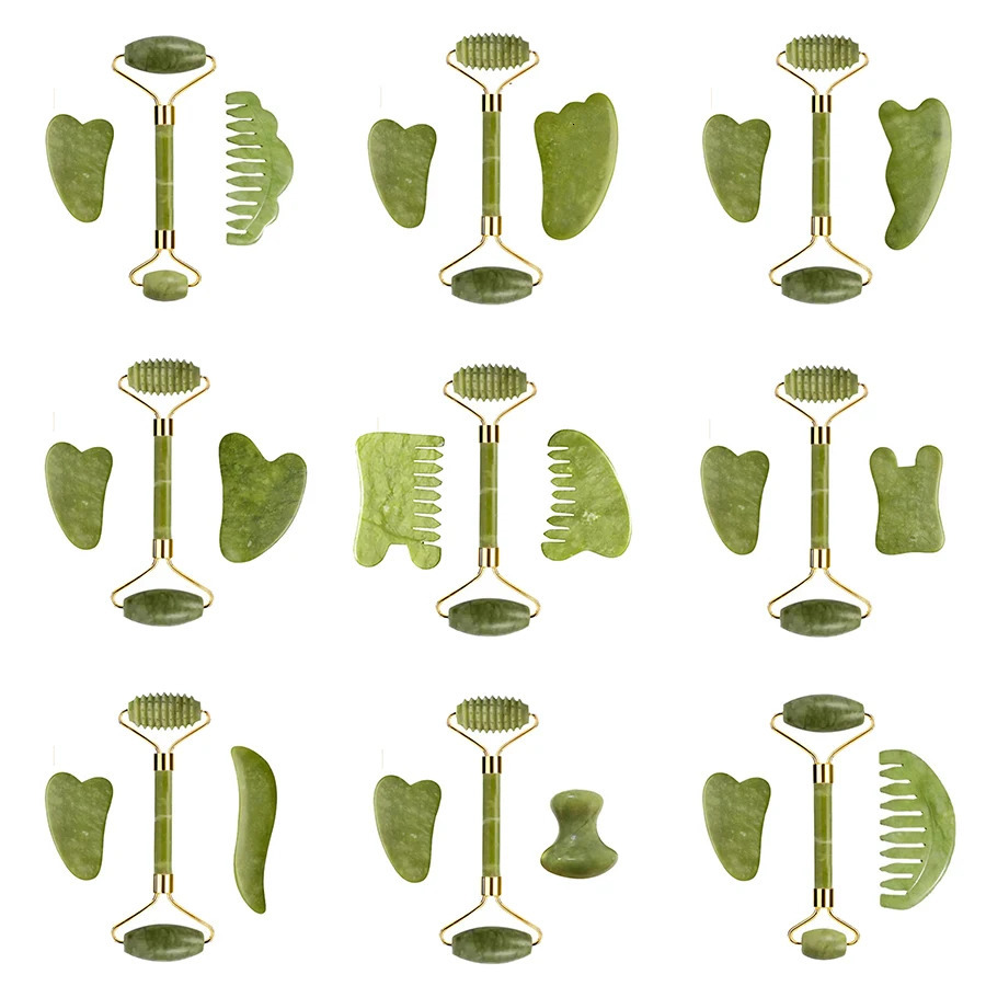 3pcs Natural Stone Gua Sha Face Roller Set Gouache Scraper Back Neck Scratcher Massager For Face Massage Tools Jade Roller 250424
