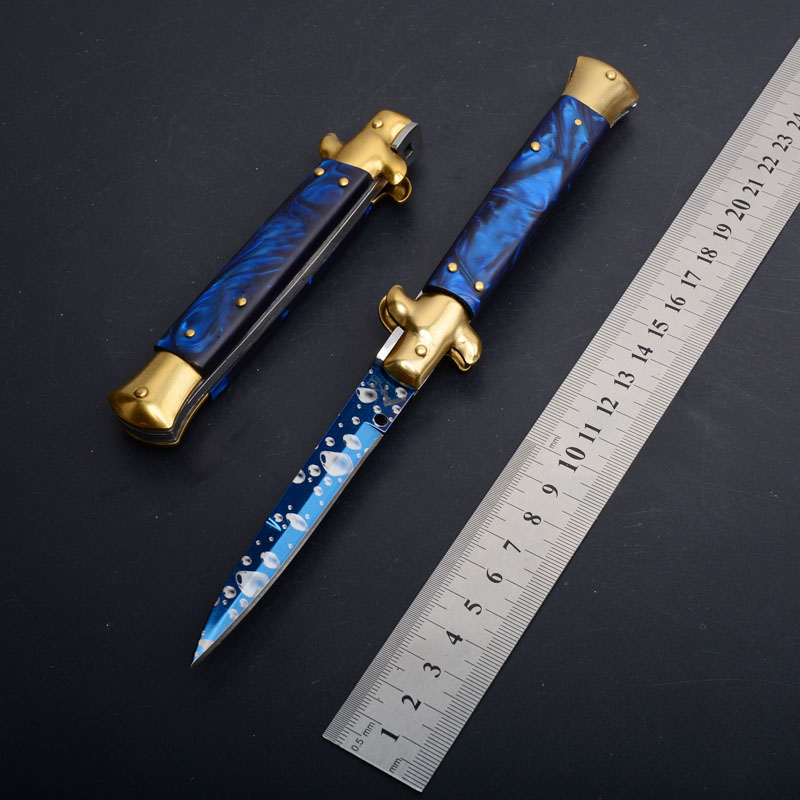 3Models 9'' Inch Gold Stiletto Mafia Folding Knife 3.77'' 440C Blade, Acrylic Handles