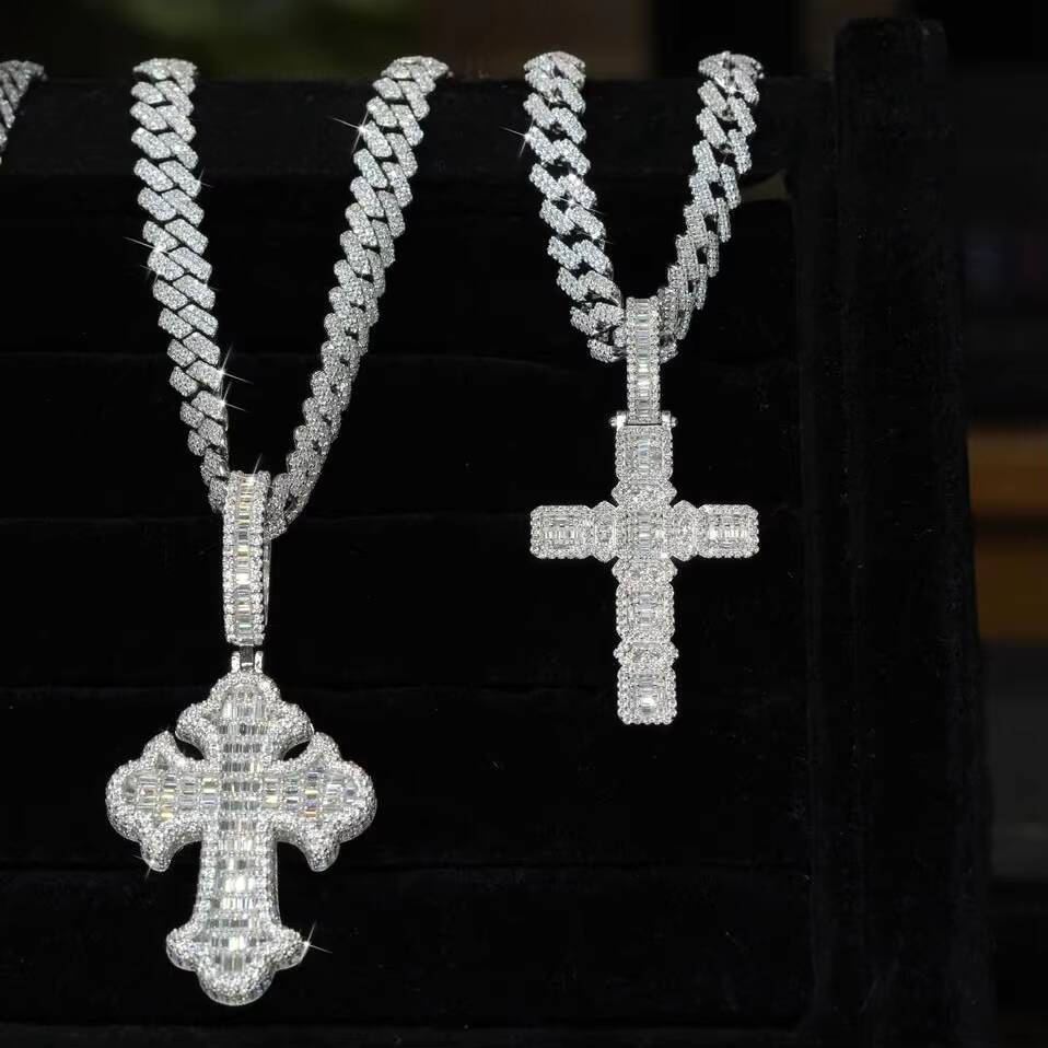 Hip Hop Fashion 10mm 925 Sterling Silver VVS Moissanite Diamond Iced Out Star Cross Link HipHop Necklace Chain