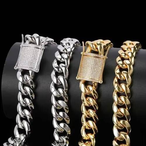 Mens 18K Gold and Moissanite Silver Cuban Link Chain Iced Out Hip Hop Style Religious Bracelet and Anklet Necklace