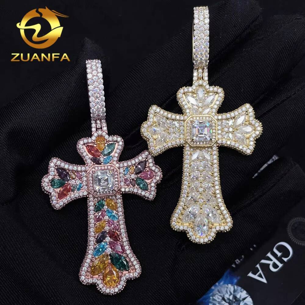 New Style RTS GRA Cert Pass Diamond Tester Solid 925 Silver Gold Plated Iced Out Colorful Fancy Moissanite Cross Hip Hop Pendant