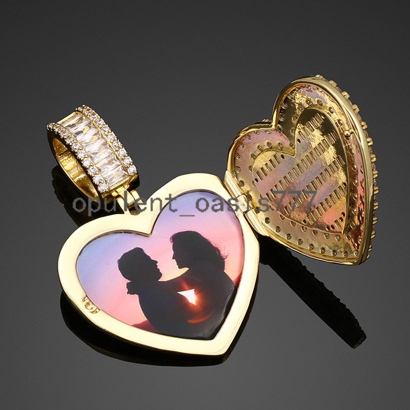 Wholesale Price 40mm Gold Plated Brass Baguette moissanite Diamond Custom Photo Necklace Heart Pendant With Chain