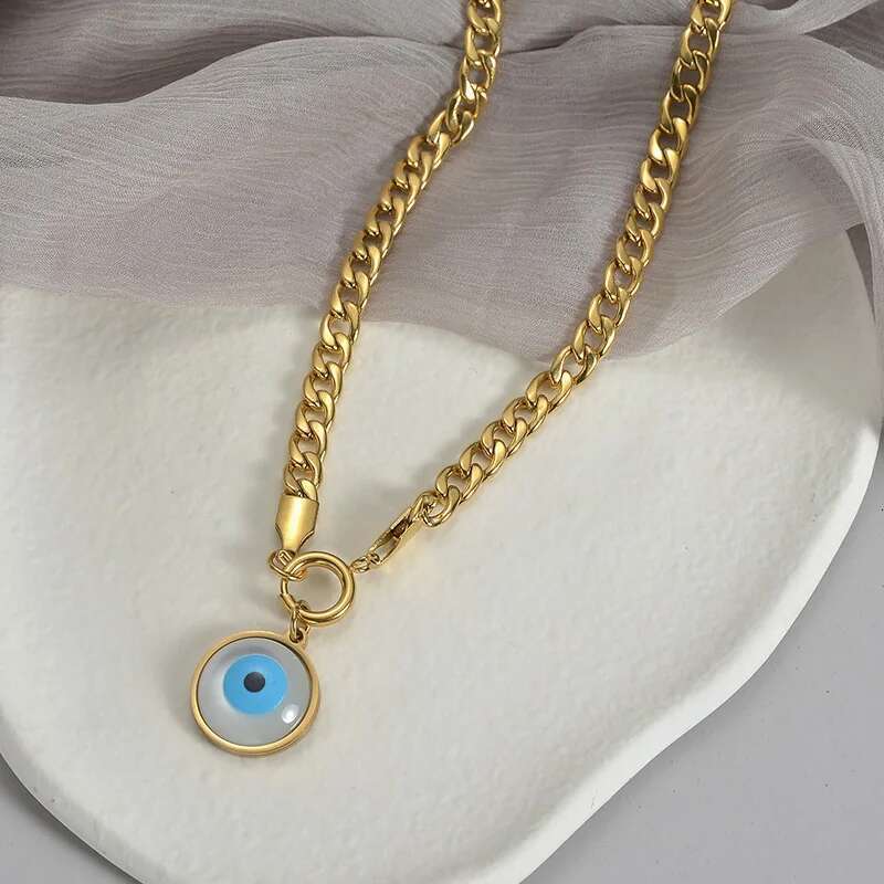2024Fashion Trendy Blue Eye Pendant Necklace Bracelet Set Simple Stainless Steel Gold Color Jewelry For Women Gift Free Shipping