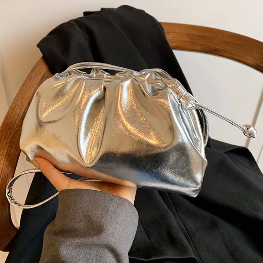 Small Design Women S Soft PU Leather Gold Sier Cloud Hobo Bag Elegant Dressy Handbag Ruched Dumpling Party Clutch Purse Bag