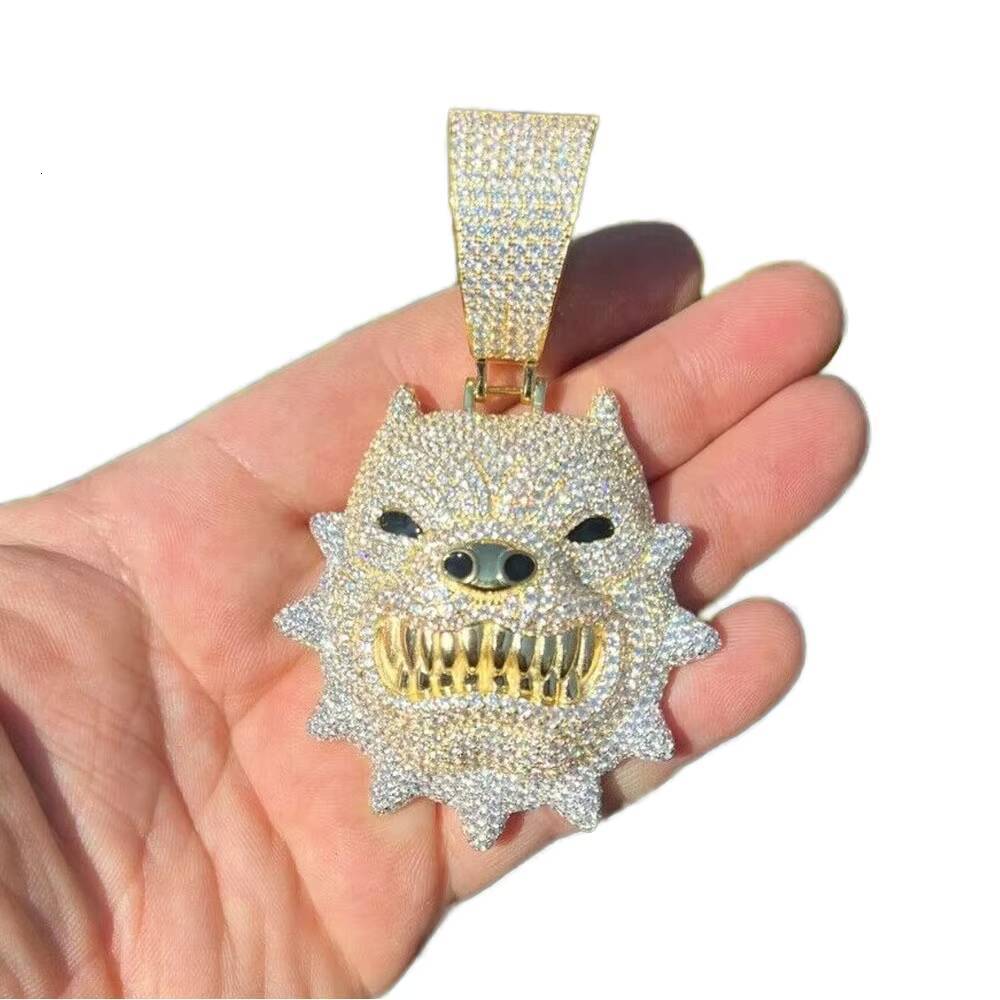 Iced Out VVS D Color Moissanite Diamond 18K Gold Plated 925 Sterling Silver Angry Pitbull Dog Pendant Necklace Men