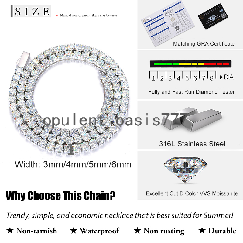 Low Price Waterproof Non Rusting Non Antiallergic Durable Classic VVS Moissanite Tennis Chain Swimming Summer Jewelry