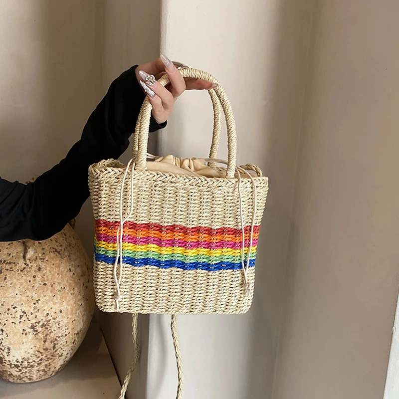 Womens cross bag with pull rod womens handbag Versatile Straw rainbow suspender womens casual shoulder bag 250427