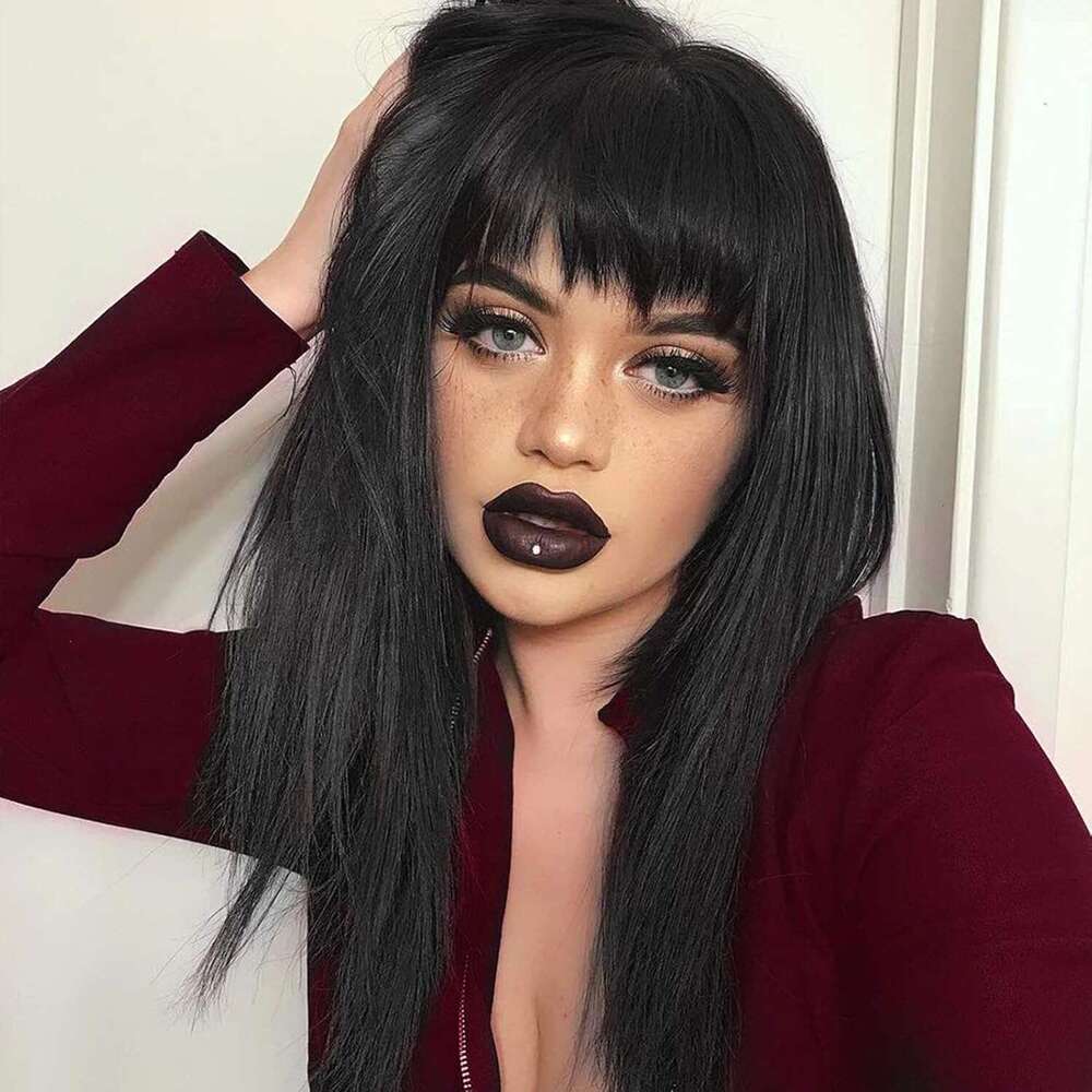 Netgo Women, Long Straight Black Wig with Bangs, Natural Looking Heat Resistant Synthetic Cosplay Party Wigs for Girls