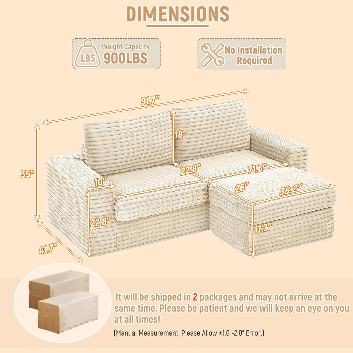 92'' Cloud Couch, Modular Sectional Sofa with Ottoman, Modern Convertible L Shaped Couches Upholstered Corduroy Boneless Couches for Living 