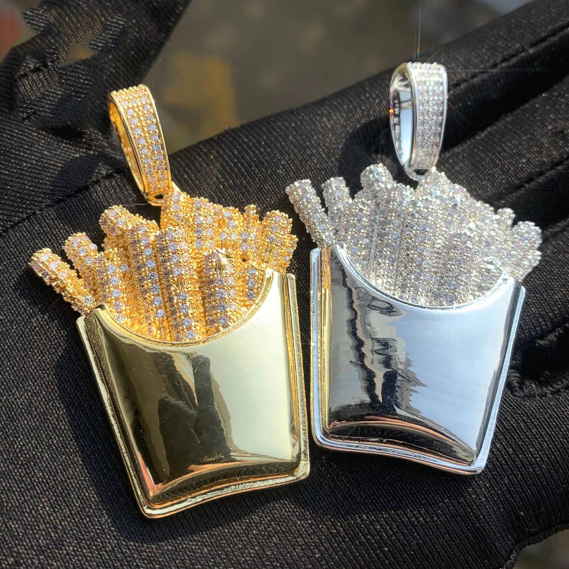 Wholesale Luxury Stainless Steel Colorful French Fries Pendant Necklaces Iced Out Zircon Necklace Hiphop Fashion Jewelry