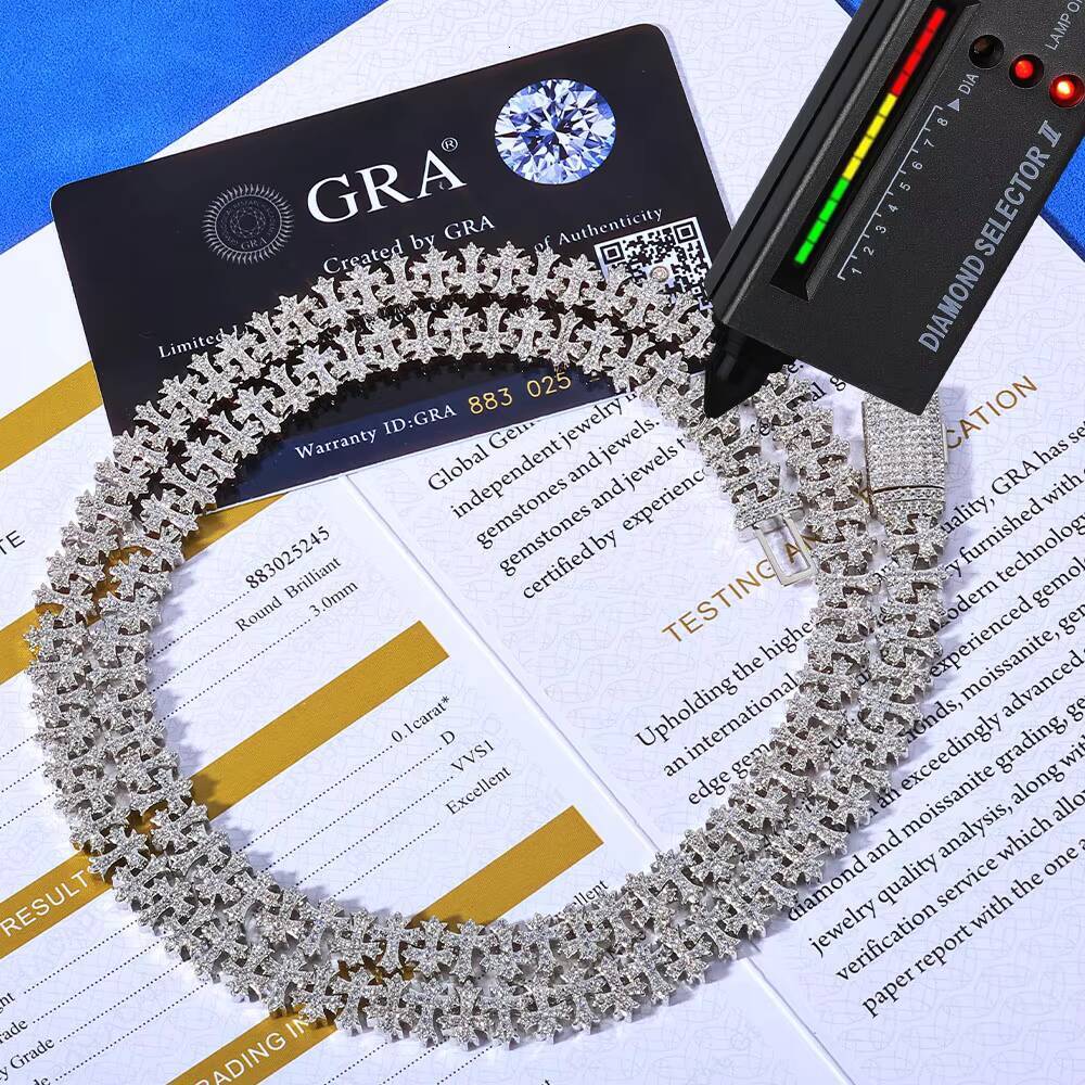 Eskeem Luxury 925 Silver Cross Chain Necklace 85/11mm VVS Moissanite Cuban Link Design Hip Hop Diamond Jewelry